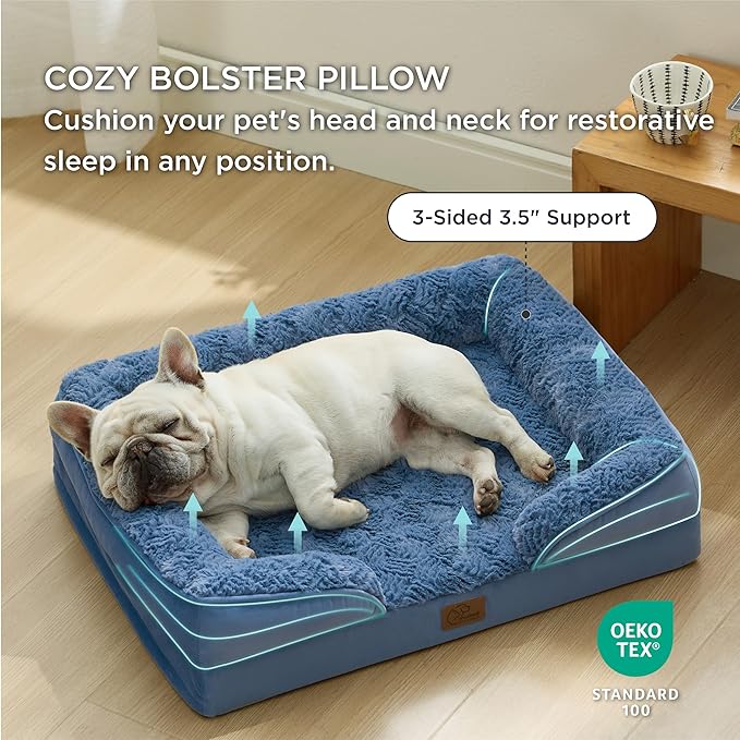 Bedsure Orthopedic Dog Bed for Medium Dogs - Calming Dog Sofa Beds Medium with Luxurious Plush Washable, Pet Couch Bed with Removable Washable Cover, Waterproof Lining and Nonskid Bottom, Blue