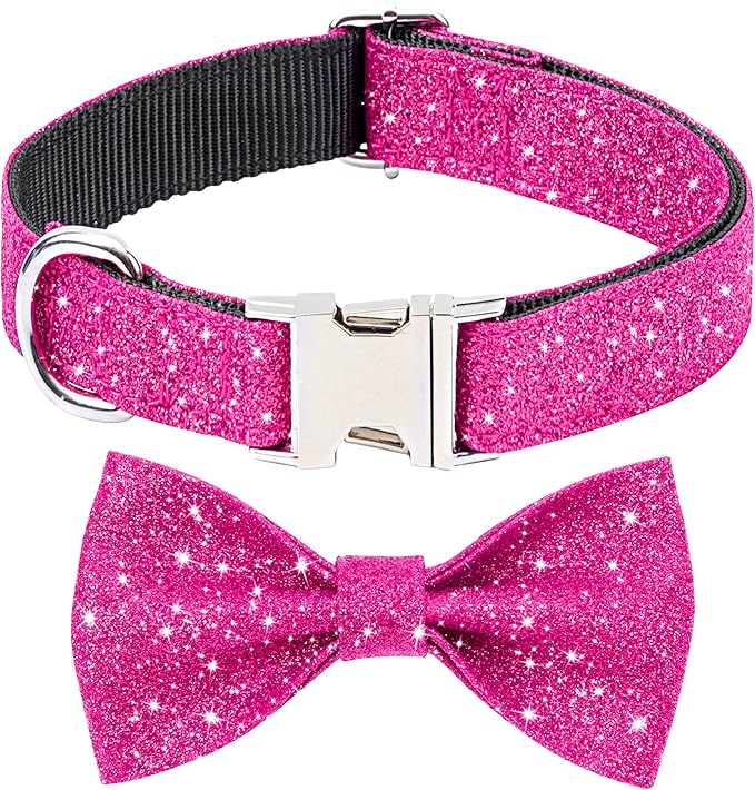 Girl Dog Collar with Bow, Bling Female Bowtie Dog Collar for Puppy Small Dogs and Cats Daily Walking or Holiday Party (Hot Pink, Neck fit 9-12’’)