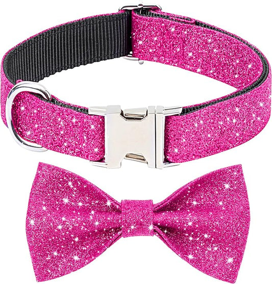 Girl Dog Collar with Bow, Bling Female Bowtie Dog Collar for Small Medium Dogs Daily Walking or Holiday Party (Hot Pink, Neck fit 13-19’’)