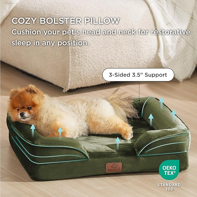 Bedsure Small Orthopedic Dog Bed - Washable Bolster Dog Sofa Beds for Small Dogs, Supportive Foam Pet Couch Bed with Removable Washable Cover, Waterproof Lining and Nonskid Bottom Couch, Winter Moss