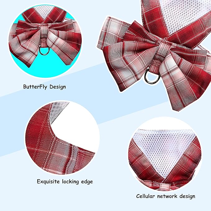 Plaid Dog Dress Bow Tie Harness Leash Set,Dog Clothes Harness Dress with Leash Ring for Small Dogs Girl, Puppy Princess Rabbit Clothes Chihuahua Yorkies Pet Outfits (Red, Large)