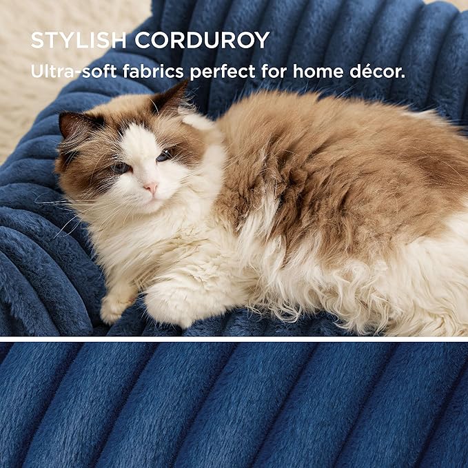 Bedsure Cute Cat Couch for Pets - Fluffy Cat Sofa with Premium Soft Corduroy Fleece, Fuzzy Cat Couch Bed with Removable Washable Cover, Supportive Cat Chair for Indoor Cats, 24inch, Night Blue