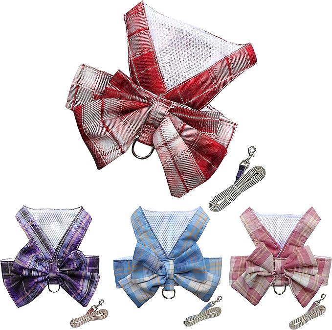 Plaid Dog Dress Bow Tie Harness Leash Set,Dog Clothes Harness Dress with Leash Ring for Small Dogs Girl, Puppy Princess Rabbit Clothes Chihuahua Yorkies Pet Outfits (Red, Medium)