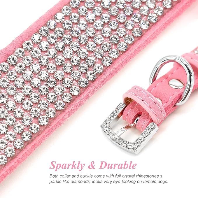PET ARTIST Bling Rhinestone Dog Collar, Cute & Soft Suede Leather Dog Collar Girl with Flower, Sparkling Pink Pet Collars for Small Medium Female Dogs Walking Party Wedding,M