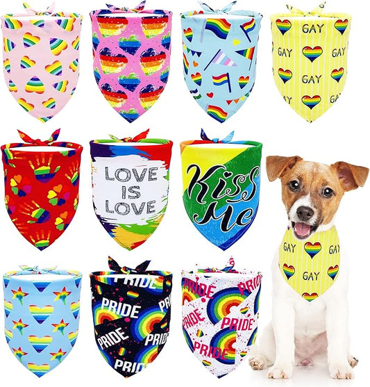 10PCS Pride Day Dog Bandanas with Rainbow Color for XXS XS Small Dog Triangle Bibs Scarves Boys and Girls Gay Pride with Love is Love Kiss Me Grooming Accessories Costume