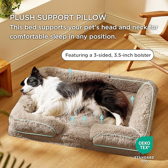 Bedsure Orthopedic Dog Bed for Large Dogs - Big Calming Washable Dog Sofa Beds Large, Supportive Foam Pet Couch Bed with Removable Washable Cover, Waterproof Lining and Nonskid Bottom, Taupe