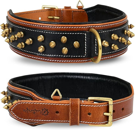 Genuine Leather Dog Collar by Leatherific, Premium Bridle Leather, Heavy Duty, Padded, Strong, Screwed Spikes, Medium, Large, Extra Large Breeds, 2" Wide (Charcoal, Neck Size 18"-22")