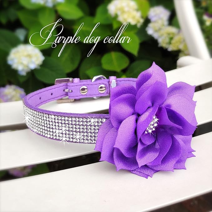 PET ARTIST Sparkling Rhinestone Dog Collar with Cute Flower, Soft Suede Leather Female Dog Collar, Bling Girl Puppy Collars for Small Dogs and Cats Walking Party Wedding,XS