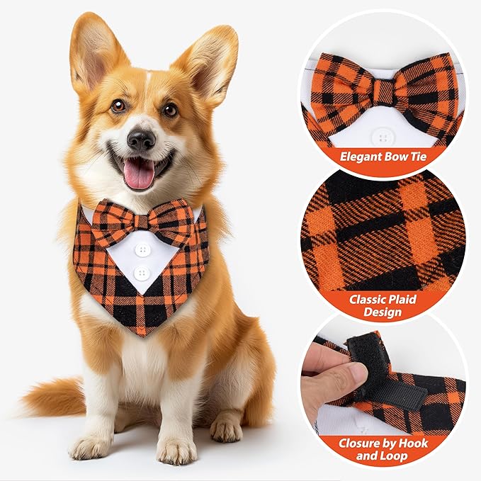 Cyeollo 2 Pack Fall Tuxedo Bandana With Bowtie, Plaid Tux Collar Costumes Thanksgiving Day Outfit for Small Medium Dogs, Orange M