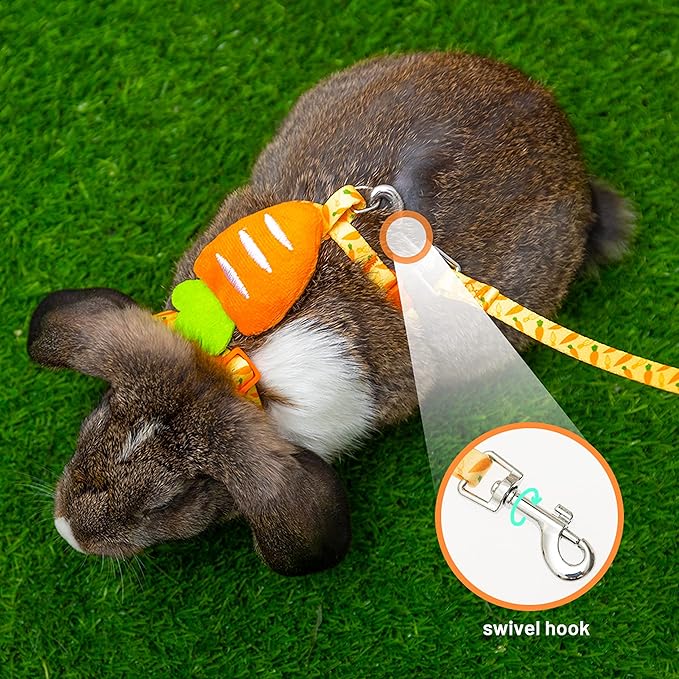 Rabbit Harness and Leash - Adjustable Bunny Harness Escape Proof for Walking Running Hiking Camping Outdoor - Yellow Carrot Pattern Cute Small Animal Harness Leash Set