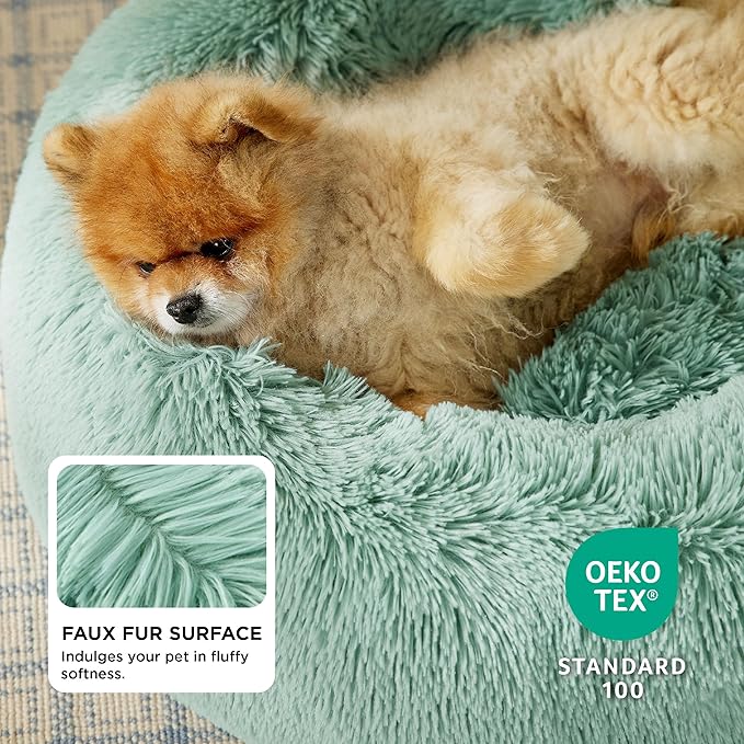 Bedsure Calming Dog Bed for Small Dogs - Donut Washable Small Pet Bed, 23 inches Anti-Slip Round Fluffy Plush Faux Fur Large Cat Bed, Fits up to 25 lbs Pets, Garden Green