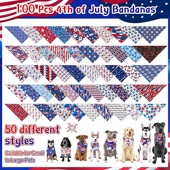 Paterr 100 Pieces Patriotic Dog Bandanas Bulk 4th of July Independence Day Pet Handkerchief Soft Dog Triangle Bibs Cute Kerchief Adjustable Washable Pet Scarf Accessory for Small Medium Puppy Cats