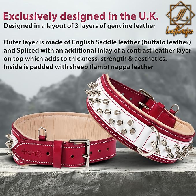 Genuine Leather Dog Collar by Leatherific, Premium Bridle Leather, Heavy Duty, Padded, Strong, Screwed Spikes, Medium, Large, Extra Large Breeds, 2" Wide (Red, Neck Size 18"-22")