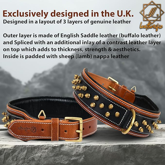 Genuine Leather Dog Collar by Leatherific, Premium Bridle Leather, Heavy Duty, Padded, Strong, Screwed Spikes, Medium, Large, Extra Large Breeds, 2" Wide (Charcoal, Neck Size 18"-22")