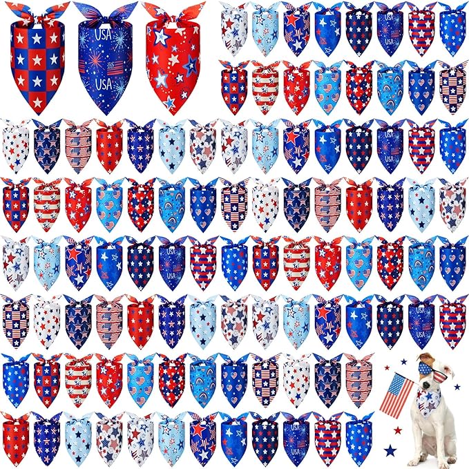Preboun 100 Pcs Patriotic Dog Bandanas Bulk Red White and Blue Bandanas for Dogs 4th of July Triangle Pet Kerchief Scarf Set for Independence Day Puppy Doggie Costume Accessories