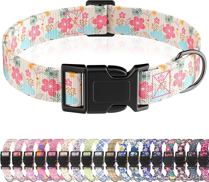 Dog Collar, Cute Floral Puppy Collar for Boys Girls Small Medium Large Dogs, Adjustable Soft Pet Collar Fancy Floral with Quick Release Buckle for Males Females, Beige,L