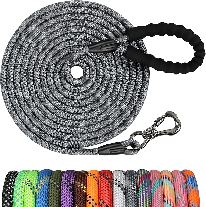 NTR Heavy Duty Dog Leash, 15FT Training Leash with Swivel Lockable Hook, Padded Handle and Highly Reflective Threads, Dog Lead for Walking, Hunting, Camping, Backyard for Small Medium Large Dog, Grey
