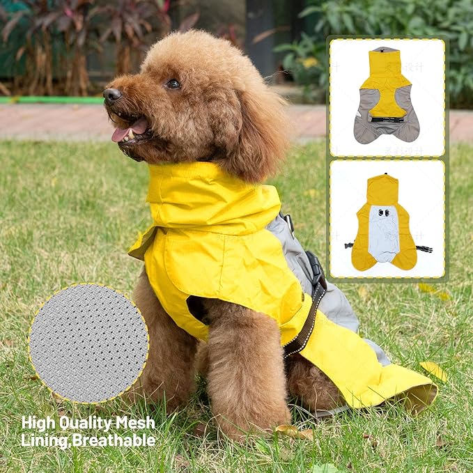 Dog Raincoat with Harness Built in,Outdoor Waterproof Puppy Rain Jacket for Medium Dogs,Adjustable Waist by Strap Doggie Rain Coats,Yellow M