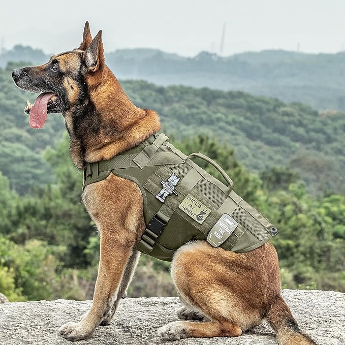 OneTigris No Pull Tactical Dog Harness for Medium Dog, Aire Mesh Service Dog Harness Breathable Military Dog Molle Vests with Handles, Service Dog Vest Harness for Walking Hiking Training Green
