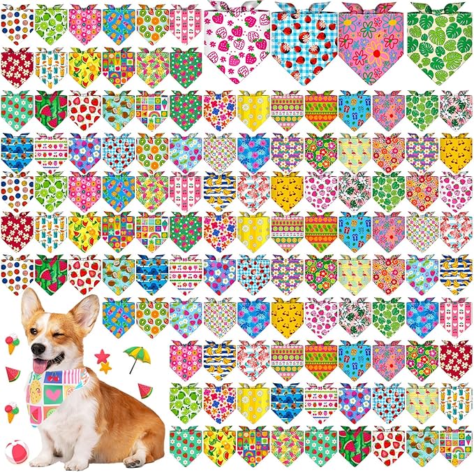 Sanwuta 120 Pcs Dog Bandanas Bulks for Summer Pet Scarves with Fruit Floral Pattern Adjustable Soft Cute Bandana Cooling Summer Style Triangle Scarfs for Medium Small Dogs Cats Large Puppy
