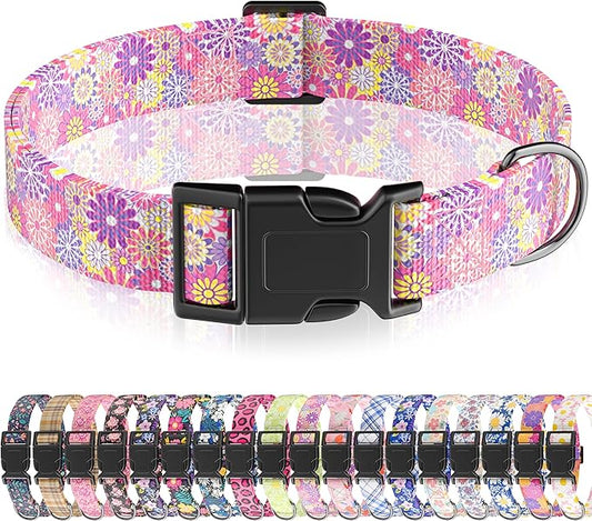 Dog Collar, Cute Floral Puppy Collar for Boys Girls Small Medium Large Dogs, Adjustable Soft Pet Collar Fancy Floral with Quick Release Buckle for Males Females, Pink Floral/Muti,L