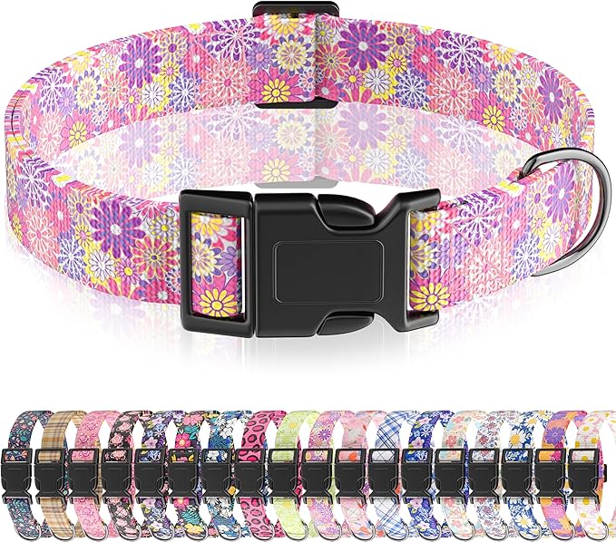 Dog Collar, Cute Floral Puppy Collar for Boys Girls Small Medium Large Dogs, Adjustable Soft Pet Collar Fancy Floral with Quick Release Buckle for Males Females, Pink Floral/Muti,M