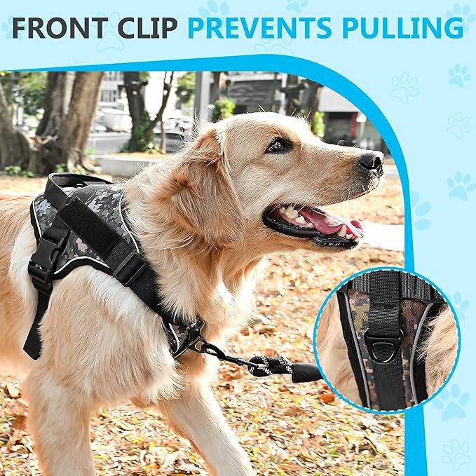 Reflective No Pull Dog Harness for Large Medium Dogs Adjustable Padded Vest 2 Leash Clips Easy Control Handle Soft Comfortable Tactical Military Grade Training Walking Hiking (Blue Camouflage L)