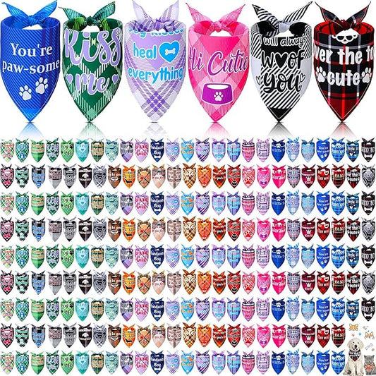 200 Pcs Dog Bandana Bulk Summer Plaid Grooming Pet Bandanas with Cute Sayings for Small to Large Dog Puppy Scarf Spring Holiday Costume Birthday Supplies for Small to Large Cats(Adorable Style)