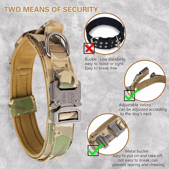 KCUCOP Tactical Dog Collar with Handle,Adjustable Military Dog Collar with Metal Buckle and Patches,Heavy Duty Dog Collars for Large Dogs (Camo-XL)