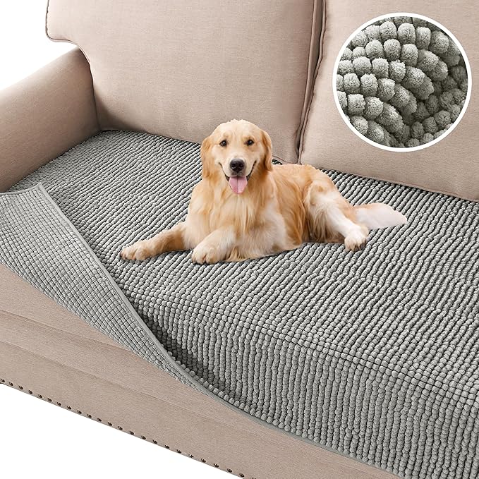 H.VERSAILTEX Plush Chenille Dog Bed Cover Thick Soft Sofa Cover for 3 Cushion Couch Anti Slip Couch Cover Furniture Protector for Dog, Pet, Cat (35" x 82", Dove)