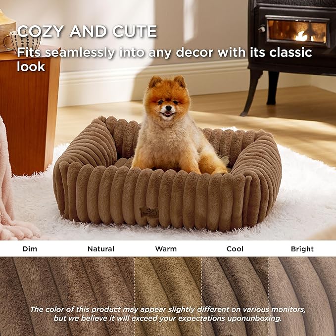Bedsure Cute Dog Bed for Small Medium Dogs - Washable Furry Puppy Beds, Rectangle Orthopedic Corduroy Fleece Pet Beds with Removable Zipper Cover, 25x21x7inches, Copper Brown