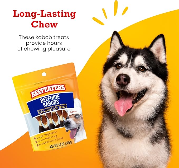 Beefeaters Beefhide Kabobs 12oz – Dog Treat. Triple Flavor with Real Chicken, Liver & Sweet Potato, Long-Lasting Chew, Supports Dental Health, Ideal for Training