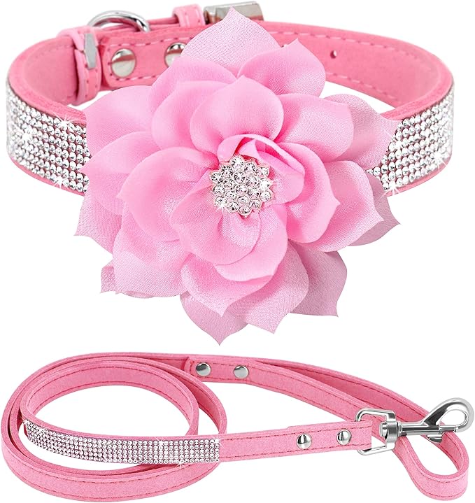 PET ARTIST Rhinestone Dog Collar and Leash Set, Sparkling Girl Dog Collars with Bling Diamonds, Soft Leather Pink Puppy Collars with Cute Flower for Small Dogs Cats Walking Party Wedding,XS