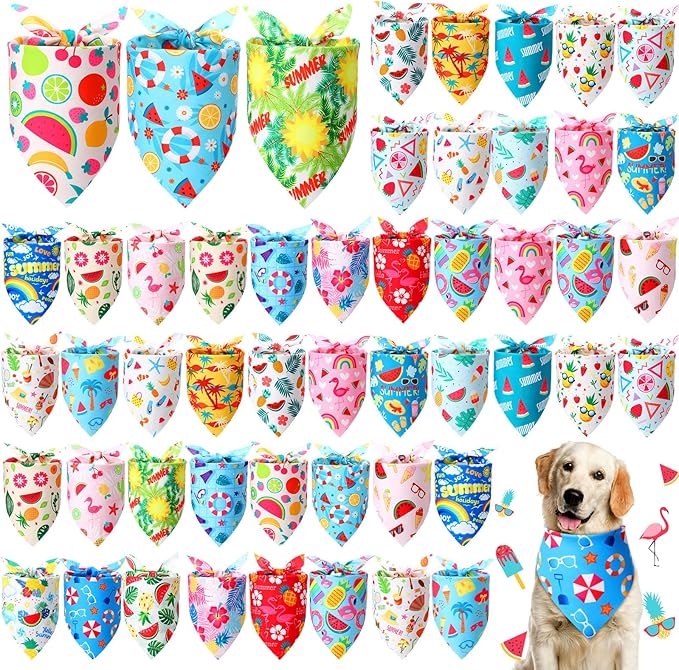 Preboun 50 Pcs Hawaiian Dog Bandanas Bulk Summer Themed Bandanas for Dogs Pet Kerchief Scarf Bibs for Hawaiian Small Medium Large Pet Puppy Costume Accessories