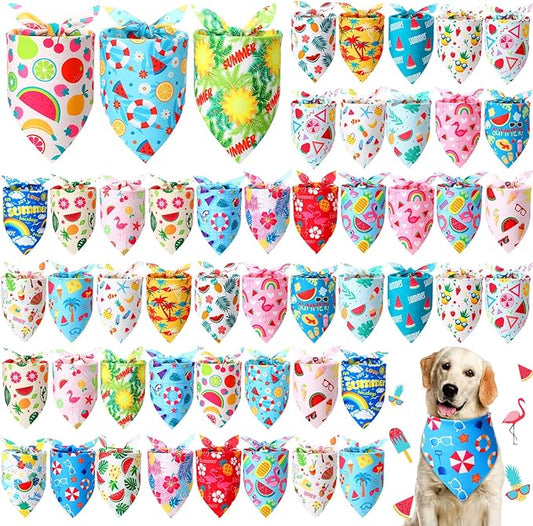 Preboun 50 Pcs Hawaiian Dog Bandanas Bulk Summer Themed Bandanas for Dogs Pet Kerchief Scarf Bibs for Hawaiian Small Medium Large Pet Puppy Costume Accessories