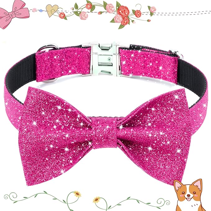 Girl Dog Collar with Bow, Bling Female Bowtie Dog Collar for Puppy Small Medium Dogs Daily Walking or Holiday Party (Hot Pink, Neck fit 11-16’’)