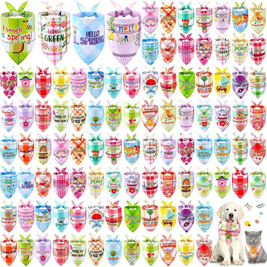 Sweetude 100 Pcs Spring Plaid Dog Bandanas Bulk with Sayings Spring PET Scarf Bibs Adjustable Washable Kerchief Seasonal PET Costume Accessories Grooming Supplies for Small to Large Cats Dogs