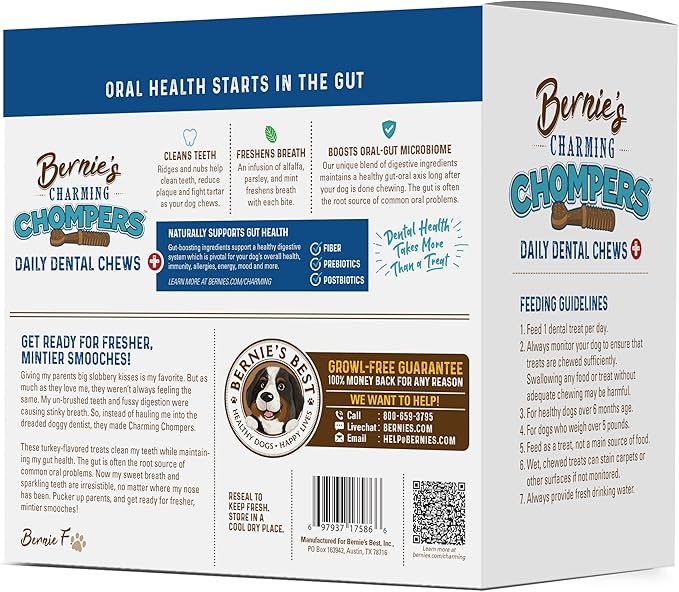 Bernie's Charming Chompers - Daily Dental Chews for Dogs 26-50 Lbs. - 36 Count - Cleans Teeth, Freshens Breath, + Boosts Oral-Gut Microbiome. Easy to Digest, Supports Healthy Digestion Naturally