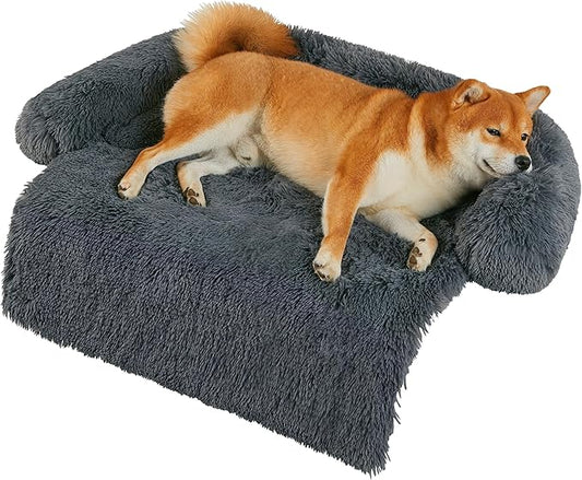 Codi Dog Bed for Couch - Calming Dogs Beds for Medium Pets, Fluffy Plush Cats Mat, Anti Anxiety Pet Mats with Removable Washable Cover Protector for Sofa, Dark Grey, 35x31x5 inches