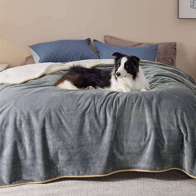 Bedsure Waterproof Blanket for Bed Intimacy- Sherpa Fleece Waterproof Dog Blankets for Large Dogs, Pet Blankets for Bed/Couch, Soft Plush Reversible Furniture Protector, Queen Size, 90"x86", Grey