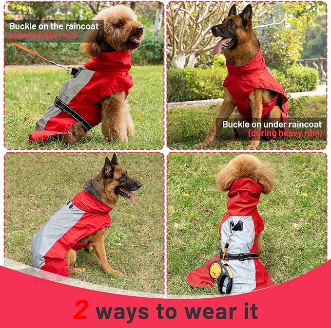 Dog Raincoat with Harness Built in,Outdoor Waterproof Puppy Rain Jacket for Small Dogs,Adjustable Waist by Strap Doggie Rain Coats,Red S