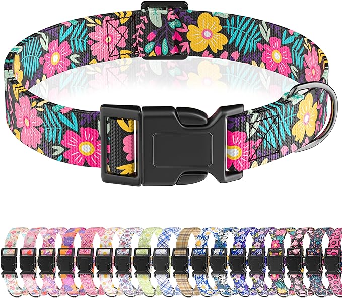 Dog Collar, Cute Floral Puppy Collar for Boys Girls Small Medium Large Dogs, Adjustable Soft Fancy Pet Collar with Quick Release Buckle for Males Females, Black Floral,XS