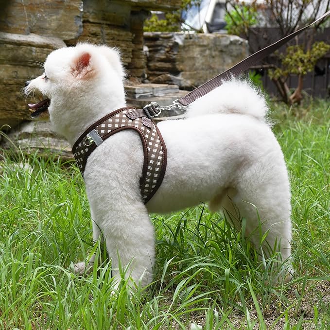 AIITLE Breathable Mesh Dog Vest Harness, No Pull Escape Proof Vest Harnesses with Reflective Bands, Adjustable Plaid Pet Outdoor Harnesses for Small and Medium Dogs Chocolate M