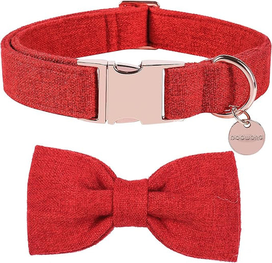 DOGWONG Hemp Cotton Dog Collar with Bow, Christmas Red Pet Collar Durable Adjustable Puppy Collar for Small Medium Large Dogs