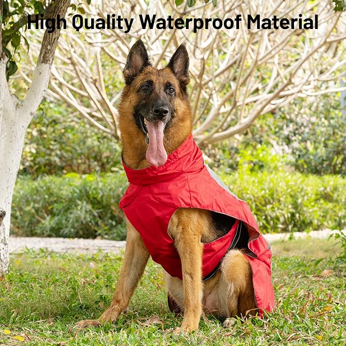 Dog Raincoat with Harness Built in,Outdoor Waterproof Puppy Rain Jacket for Large Dogs,Adjustable Waist by Strap Doggie Rain Coats,Red XL