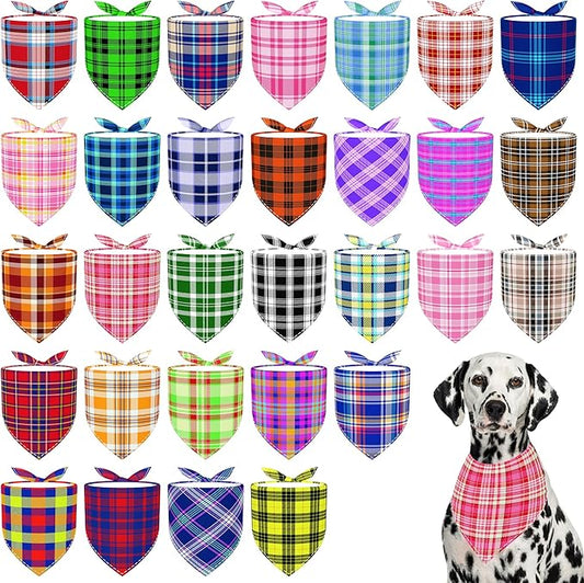 30 Pcs Large Plaid Dog Bandanas XL Polyester Dog Bandana Bulk Reversible Print One Side XXL Plaid Scarves Party Grooming M