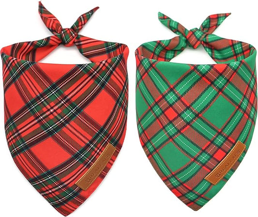 Realeaf Christmas Dog Bandanas 2 Pack, Reversible Red Green Plaid Dog Scarf, Xmas Pet Bandana for Boy and Girl, Premium Durable Fabric, Holiday Check Bandana for Small and Medium Dogs Pets (Small)