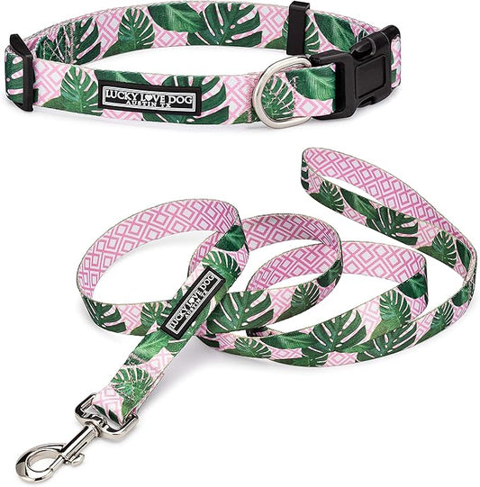 Lucky Love Dog, Tropical Matching Dog Collar & Leash Set, Soft & Comfy, Vivid Pink Color Collar and Leash for Female Male Dogs - (Large, Laguna Combo)