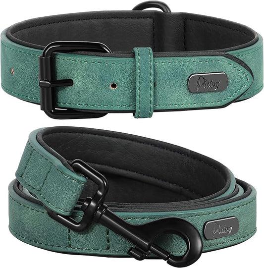 Didog Soft Padded Leather Dog Collar and Leash Set, Heavy Duty 4FT Faux Leather Dog Leash and Collar Set with Metal Buckle for Small Medium Large Dogs, Green, L