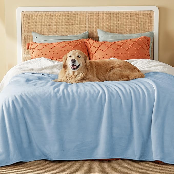 Bedsure Waterproof Blanket for Bed - Sherpa Fleece Waterproof Dog Blankets for Large Dogs, Pet Blankets for Bed/Couch/Dog Crate, Soft Plush Reversible Furniture Protector, Queen, 90"x86", Light Blue